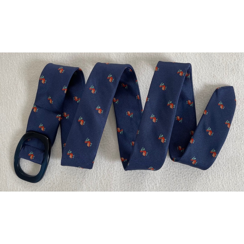 J.Crew Womens Navy Blue 100% Silk Pelican Embroidered D Ring Belt Size S/M